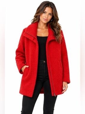 EUC The Loft Women's Red Teddy Looped Knit Coat Full Zip Size Medium